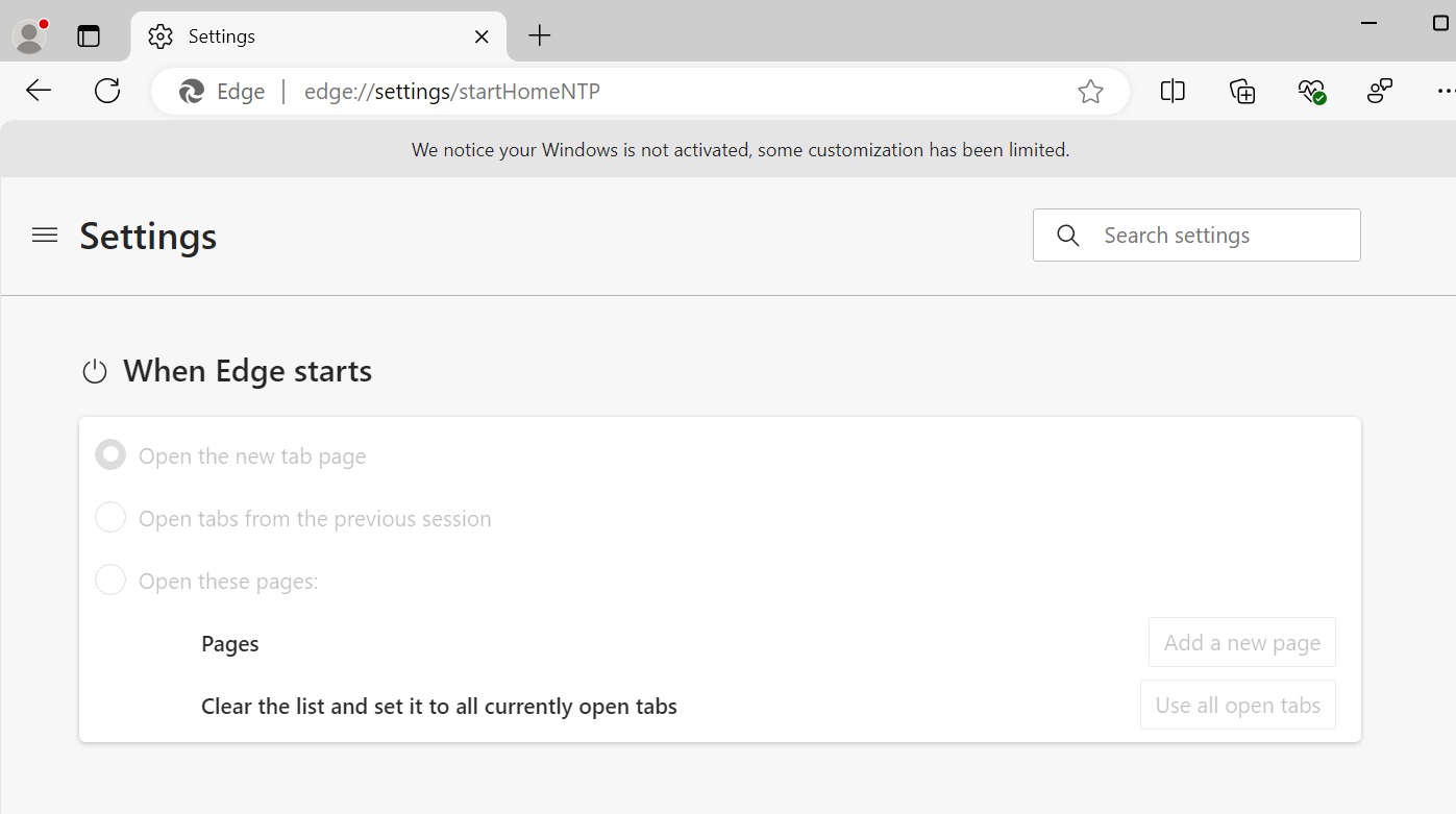 edge blocks access to startup settings when Windows 11 is not activated