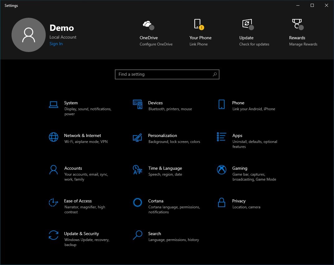 Settings page