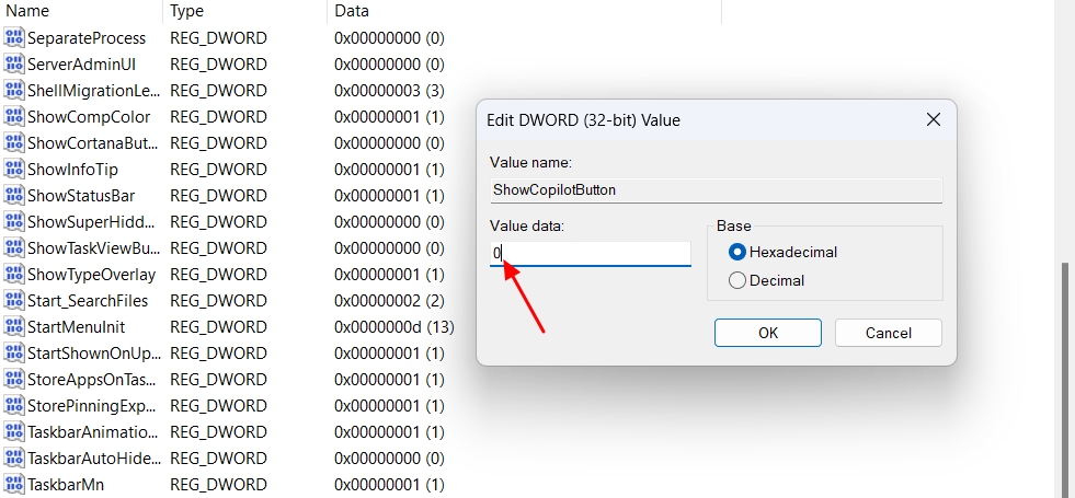 Value data field of the ShowCopilotButton value.