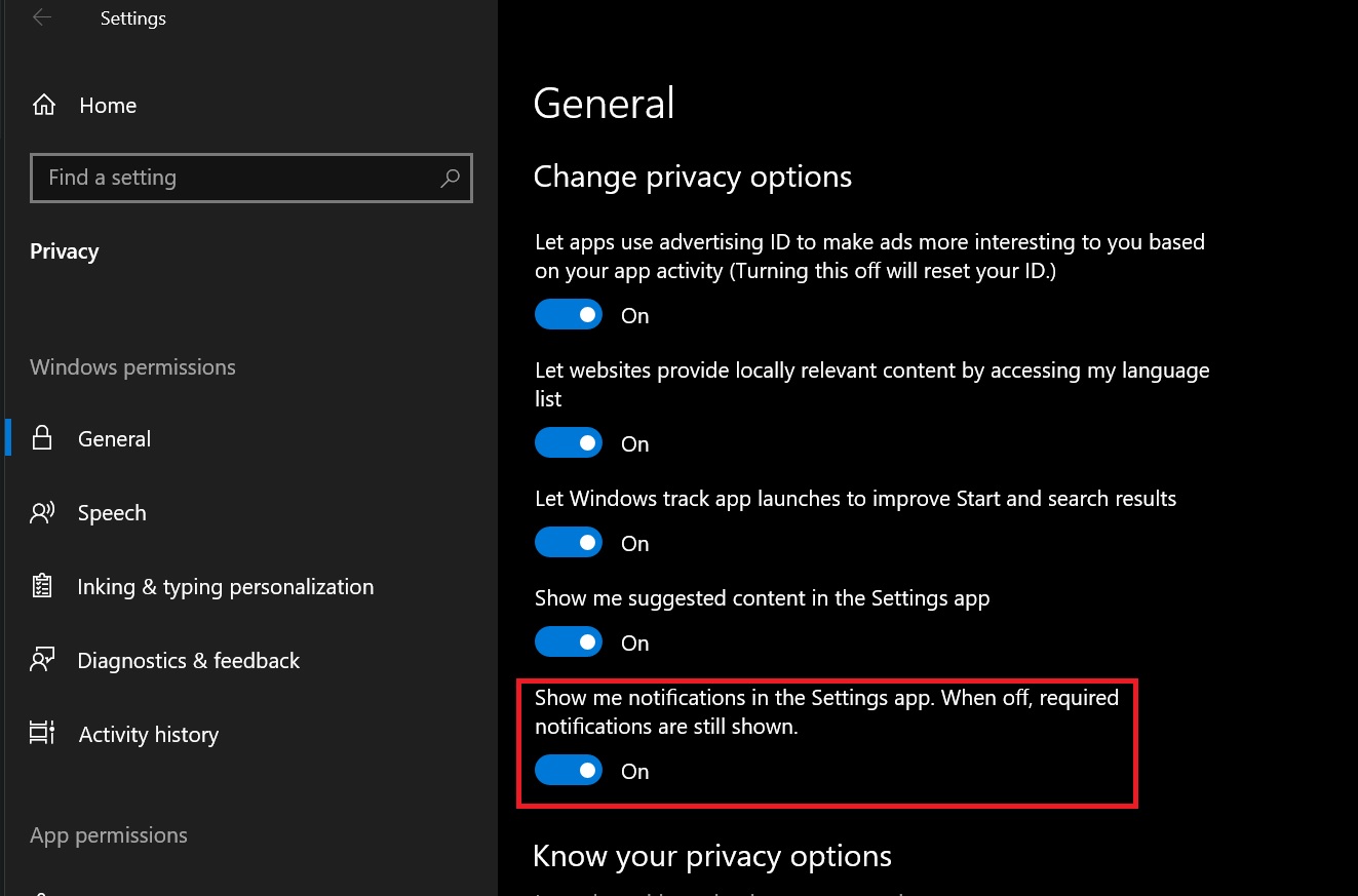 Windows Settings to turn off microsoft account alert