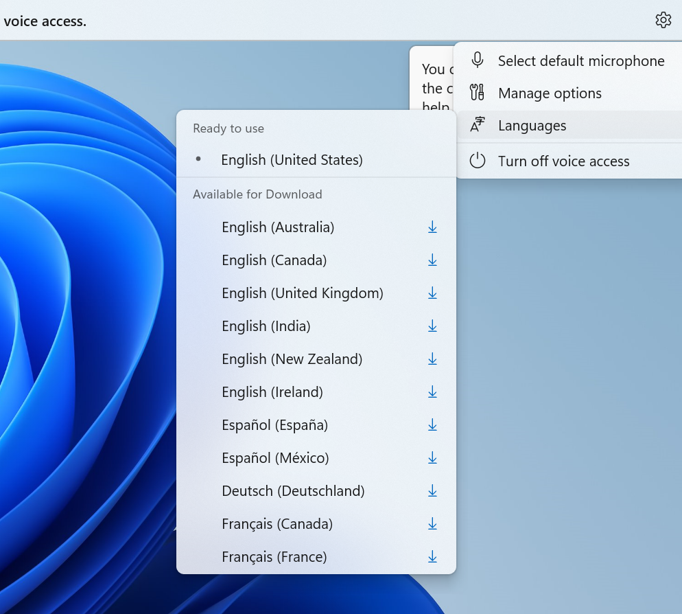 multiple language support in voice access