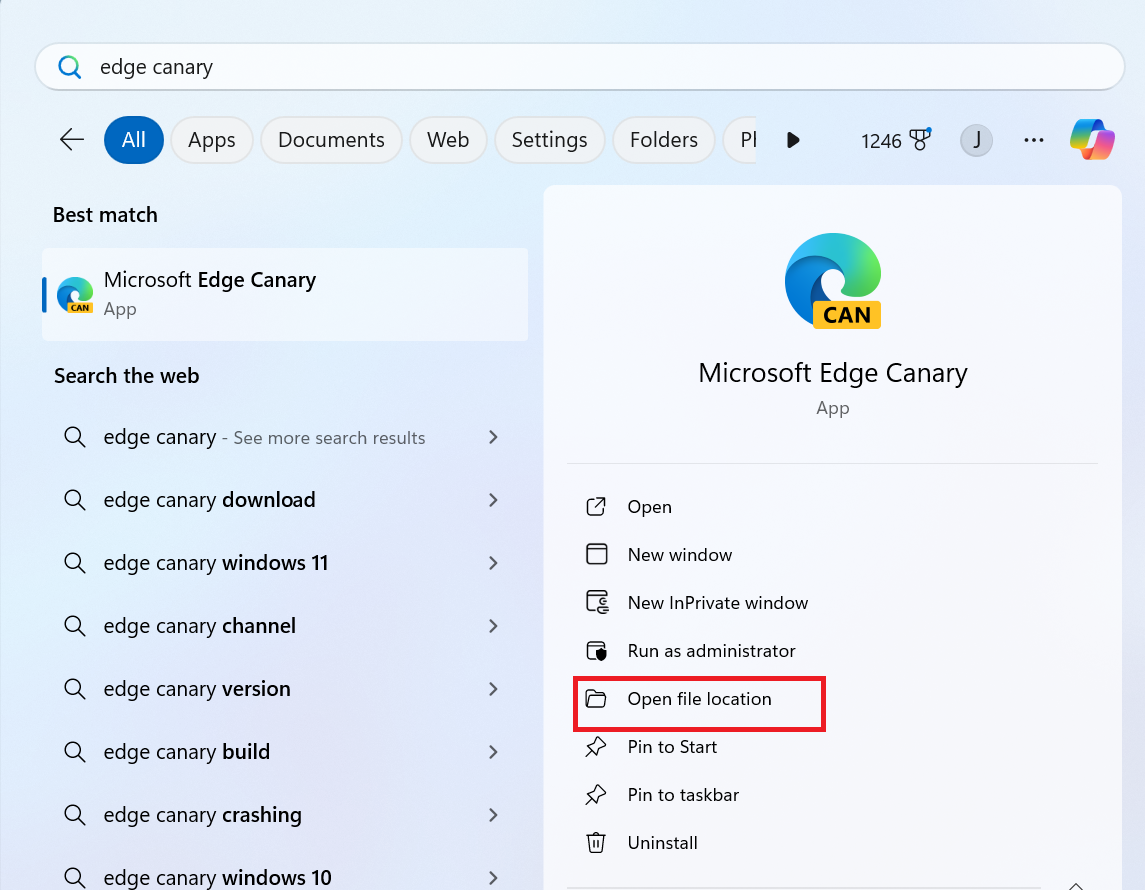 open file location edge canary